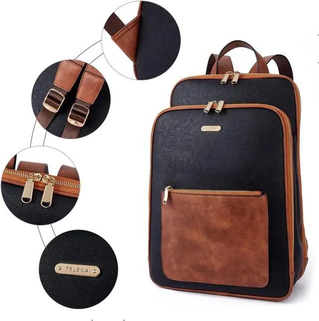 Alt view image 4 of 5 - Telena Leather Laptop Backpack for Women 15.6 inch Computer Bag Casual College Bookbag Bag
