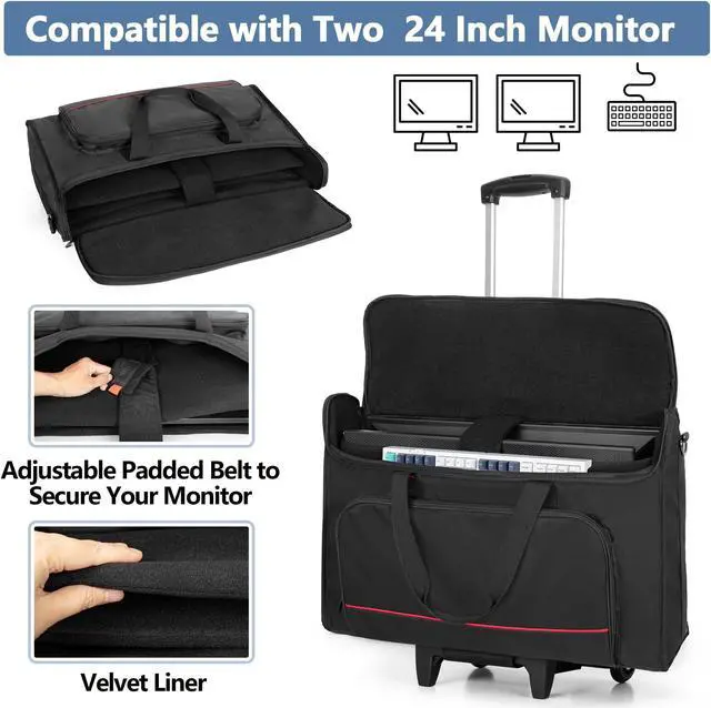 Alt view image 2 of 5 - Trunab Rolling Monitor Carry Case for 24 Inch Monitors with Detachable Trolley, Padded Monitor Bag Hold Up to 2 LCD Screens/TVs and Accessories, Black Patented Design