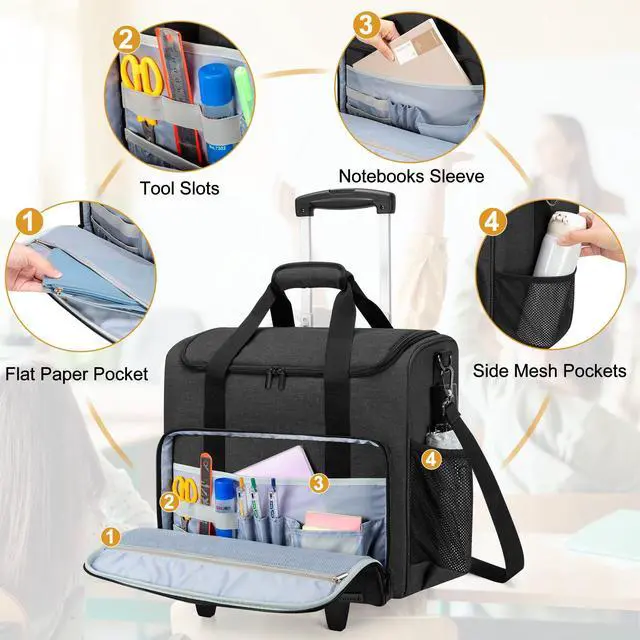 Alt view image 2 of 5 - Trunab Rolling Teacher Bag, Teacher Tote Bag with Bottom Pad and Detachable Trolley, Wheeled Teacher Bag with Padded Sleeves Holds up to 15.6" Laptop