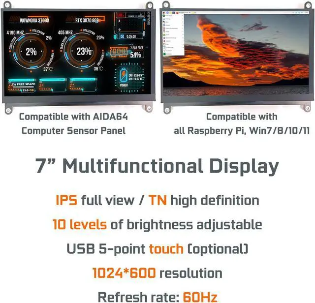 Alt view image 2 of 5 - WOWNOVA 7" Computer Sensor Panel LCD Screen PC Temperature Monitor Display Secondary Screen, PC Accessories for PC Case, Compatible with Raspberry Pi and Windows 7/8/10/11 (Touch Screen)