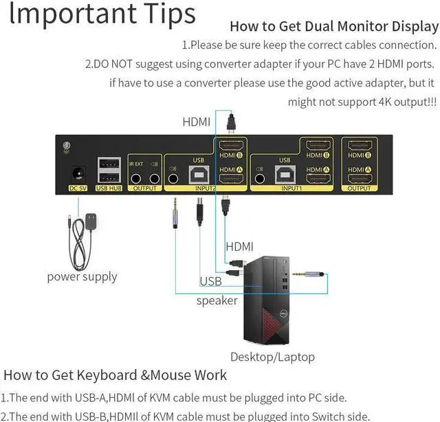 Alt view image 3 of 5 - eKL HDMI KVM Switch 2 in 2 Out Dual Monitor Extended Display 4K@60Hz 4:4:4 with Audio and USB 2.0 Hub Sharing PC Monitor Keyboard Mouse Switcher