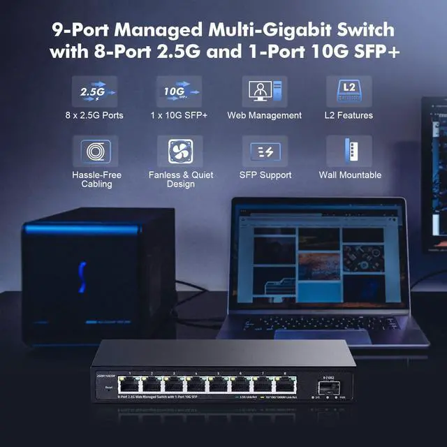 Alt view image 2 of 5 - YuLinca 8 Port 2.5G Managed Switch with 10G SFP+ Slot, 8 x 2.5Gigabit Ethernet Ports, Support LACP/QOS/VLAN/IGMP, Metal Easy Web Managed Fanless Network Switch