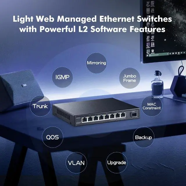 Alt view image 4 of 5 - YuLinca 8 Port 2.5G Managed Switch with 10G SFP+ Slot, 8 x 2.5Gigabit Ethernet Ports, Support LACP/QOS/VLAN/IGMP, Metal Easy Web Managed Fanless Network Switch