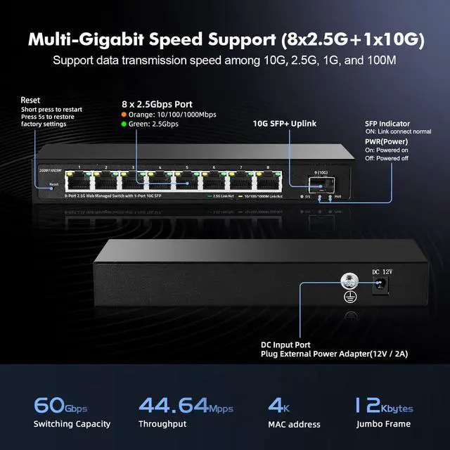 Alt view image 3 of 5 - YuLinca 8 Port 2.5G Managed Switch with 10G SFP+ Slot, 8 x 2.5Gigabit Ethernet Ports, Support LACP/QOS/VLAN/IGMP, Metal Easy Web Managed Fanless Network Switch