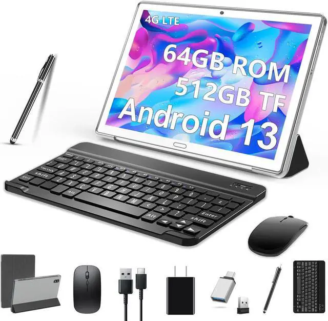 Main image of 2023 Newest 10 Inch Tablet,2 in 1 Tablet with Keyboard Mouse, Android Tablet 4G Cellular with 2 SIM 1 SD-64GB ROM SD Max 512GB,Octa-Core,1080 FHD,13MP,GMS-Zertifizierung,GPS/ WIFI/ Bluetooth(Silvery)