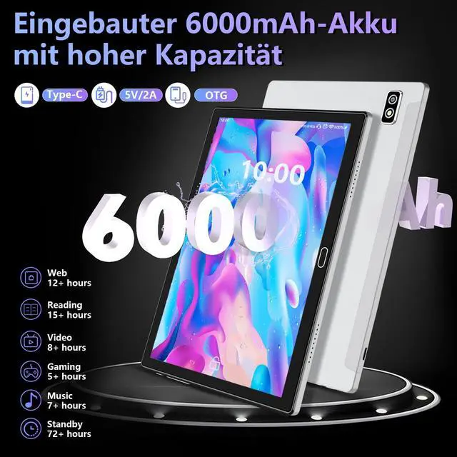 Alt view image 4 of 5 - 2023 Newest 10 Inch Tablet,2 in 1 Tablet with Keyboard Mouse, Android Tablet 4G Cellular with 2 SIM 1 SD-64GB ROM SD Max 512GB,Octa-Core,1080 FHD,13MP,GMS-Zertifizierung,GPS/ WIFI/ Bluetooth(Silvery)
