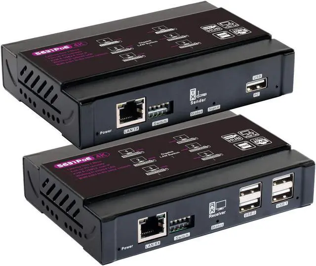 Main image of Basicolor 4K PoE HDMI KVM Extender Over IP, USB Ethernet Extender Over Cat5 Cat6 up to 328ft(100m), Plug & Play Lossless & Near Zero Latency, Support Point to Point & TX RX Team Connection