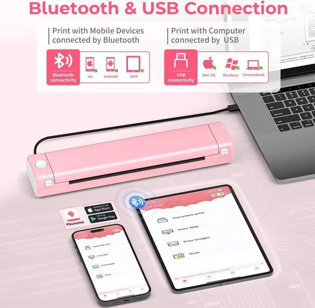 Alt view image 4 of 5 - M08F Portable Printers Wireless for Travel, Thermal Printer Support 8.5" X 11" US Letter Thermal Paper, Bluetooth Inkless Printer Compatible with iOS, Android, Laptop for Travel, Office, Home (Pink)