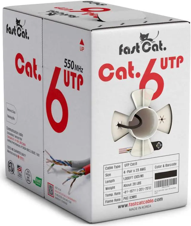 Main image of fast Cat. Cat6 Ethernet Cable 1000ft - 23 AWG, CMR, PoE++ (4PPoE) Insulated Solid Bare Copper Wire Cat 6 Cable Noise Reducing Cross Separator - 550MHZ / 10 Gigabit Speed, UTP Cat6 Cable 1000ft (Black)