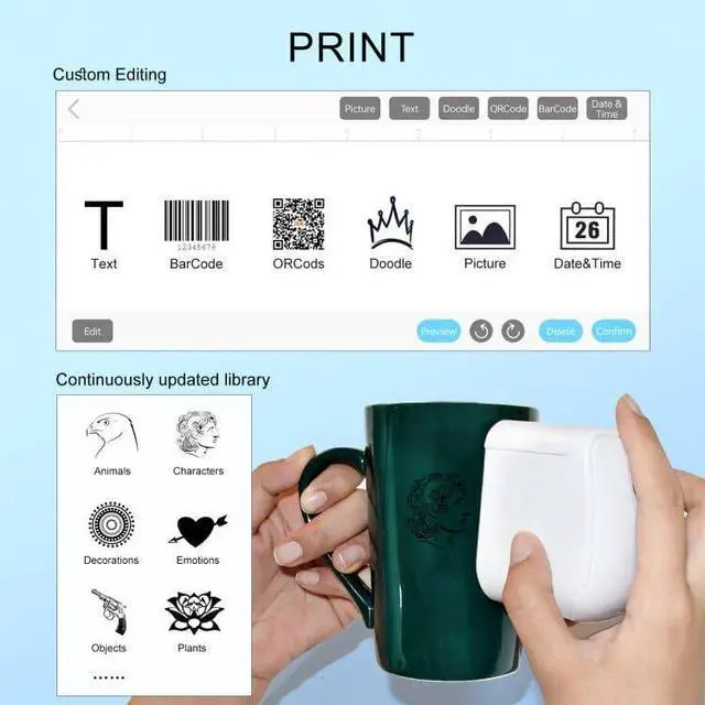 Alt view image 4 of 5 - Kretrum Tattoo Mini Portable Handheld Wirless WiFi Printer for iOS & Android APP DIY Custom Temporary Printer Logo Qrcode Barcode Label Photo Printer (White)