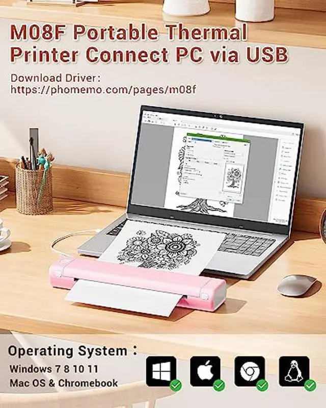 Alt view image 2 of 5 - Phomemo M08F Wireless Tattoo Stencil Printer, Thermal Tattoo Machine Compatible with 8.5''x11'' Transfer Paper, Bluetooth Stencil Tattooing Printer for Smartphones & PC for Tattoo Artists, Pink