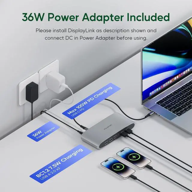 Alt view image 4 of 5 - PULWTOP Displaylink Docking Station, Triple Display DisplayLink Dock for MacBook M1/M2/M3 Windows, 4K@60Hz Laptop Docking Station with 2 HDMI, 2 Display Port, PD, USB C Data, 4 USBA, Ethernet, Audio