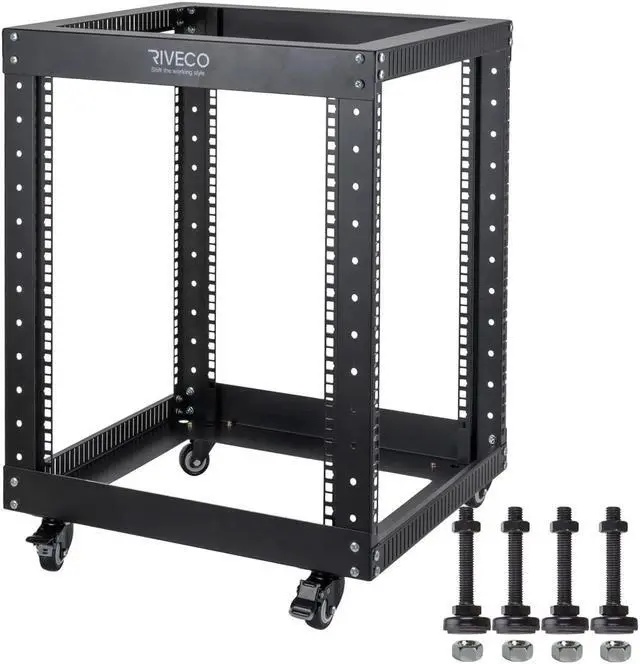 Main image of 12U Server Rack Open Frame with Casters-RIVECO 4 Post Quick Assembly 19-inch, Data Rack Network Shelf Cabinet Heavy Duty Black