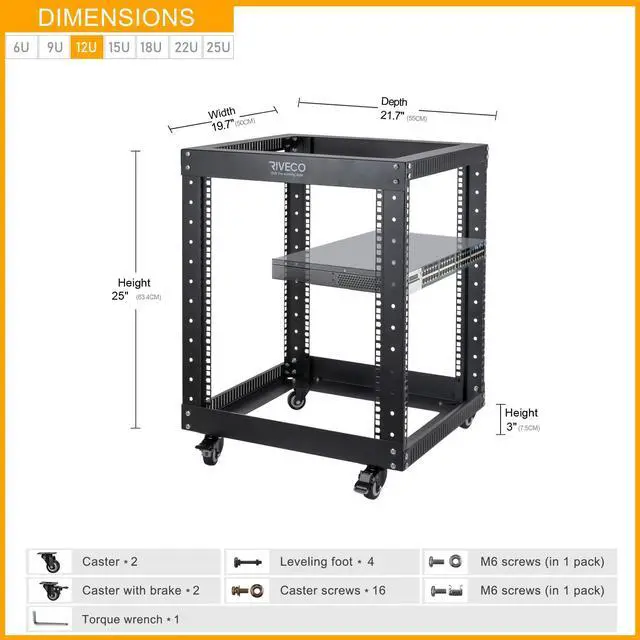 Alt view image 3 of 5 - 12U Server Rack Open Frame with Casters-RIVECO 4 Post Quick Assembly 19-inch, Data Rack Network Shelf Cabinet Heavy Duty Black