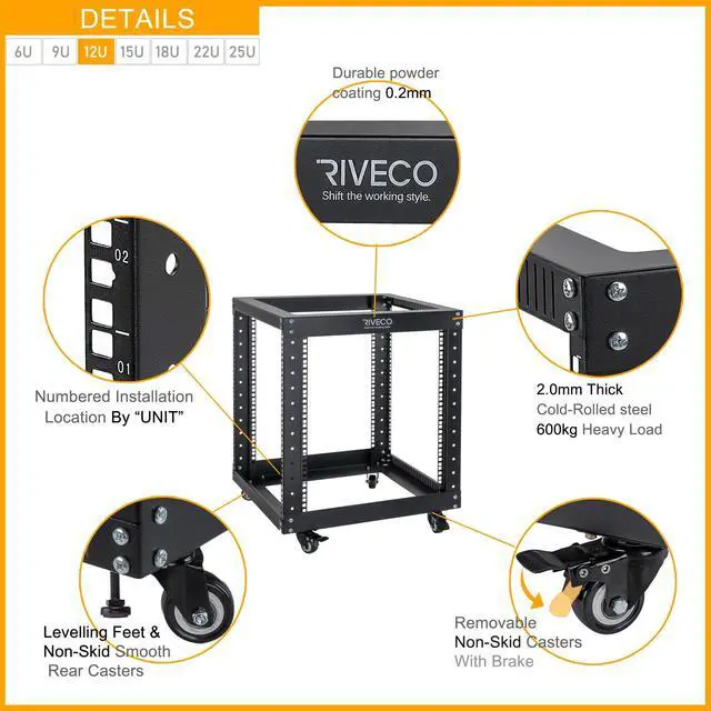 Alt view image 4 of 5 - 12U Server Rack Open Frame with Casters-RIVECO 4 Post Quick Assembly 19-inch, Data Rack Network Shelf Cabinet Heavy Duty Black