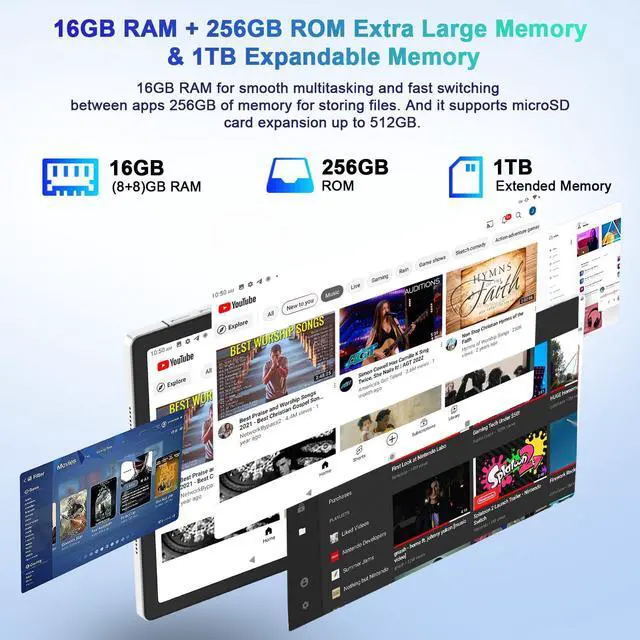 Alt view image 4 of 5 - 2025 Tablet 11 Inch Screen 2K Tablet Octa-Core 2.0 GHz,16GB RAM+256GB ROM+TF 1TB /2000 * 1200 Pixel/8MP+20MP+2MP Macro/10000 mAh/5G WiFi Metal Cover Silver