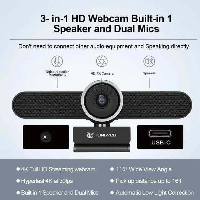 Alt view image 3 of 5 - TONGVEO 4K Webcam Conference Call TV Room Web Camera with Dual Microphones &Speaker, | All-in-One USB Video Camera, 116° Wide Angle, AI Auto Framing | Compatible with MS Teams, Zoom, OBS