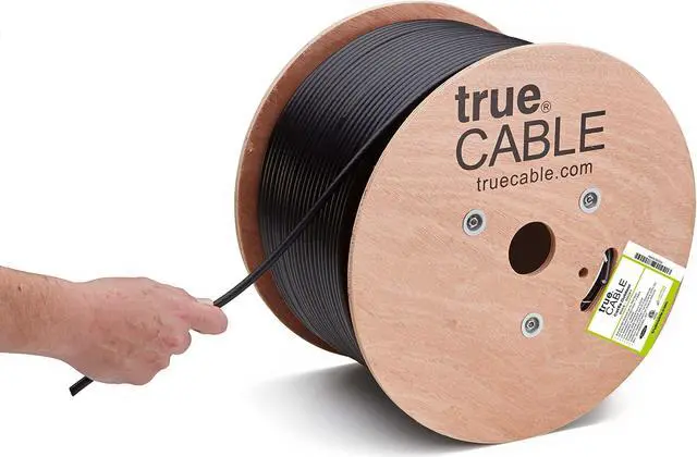 Main image of trueCABLE Cat5e Outdoor, Unshielded UTP, 1000ft, UV Resistant, CMX Rated, Black, 24AWG Solid Bare Copper, 350MHz, PoE++ (4PPoE), ETL Listed, Bulk Ethernet Cable