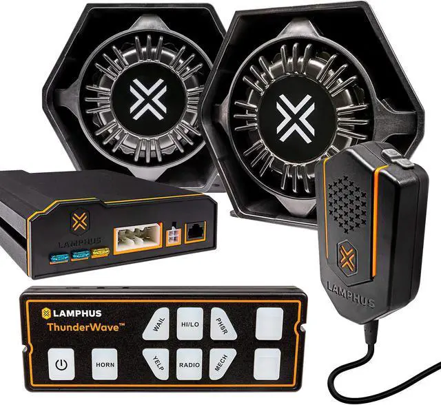 Main image of LAMPHUS ThunderWave 200W Emergency Police Siren Kit [Remote Controller][2x15A Switches][Hands-Free Air Horn][3.5mm Input][Radio Rebroadcast] Warning PA System for Emergency Vehicles Trucks UTV POV