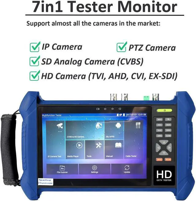 Alt view image 2 of 5 - 101AV IPS Touch Screen Security Camera CCTV 7" 7in1 Test Monitor Support IP cam, Standard Analog Camera (CVBS) & HD TVI/AHD/CVI Camera up to 8MP, HDMI Output up to 3840x2160P,Smart Charge 2.5 Hours