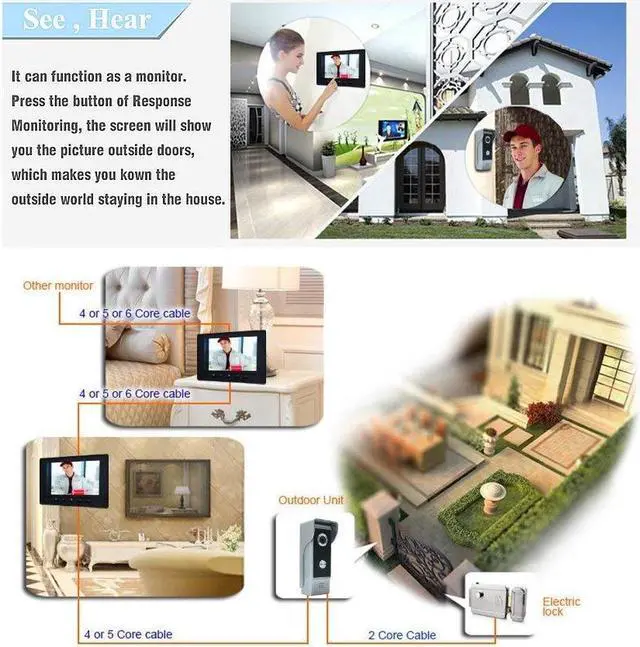 Alt view image 2 of 5 - AMOCAM Video Intercom System,7 Inches Monitor Wired Video Door Phone Kits + Electronic Door Lock + 150FT RVV4 Wire for Video Doorbell System