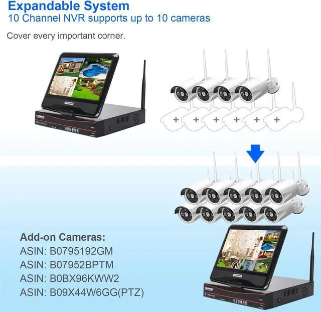 Alt view image 4 of 5 - 10CH Expandable Wireless Security Camera System with 10.1" Monitor 4pcs 3MP Indoor Outdoor Camera 1-Way Audio Night Vision Motion Detection Home Business CCTV Surveillance 1TB HDD