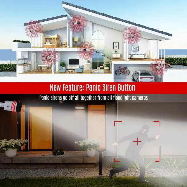 Alt view image 2 of 5 - 8CH Crystal Vision Floodlight & Two Way Audio, Panic Siren Button Kit (4X Floodlight Audio Camera)
