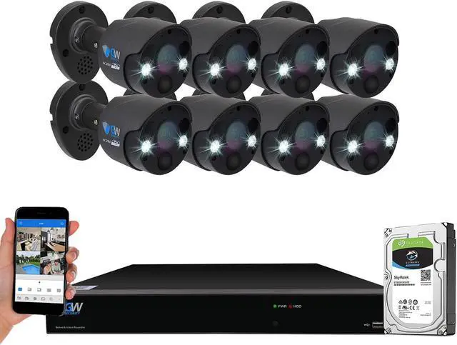 Main image of GW Security 2-Way Audio Floodlight 5.0 Megapixel PoE Security Camera System, 8 Channel 4K NVR with 8 x 5MP Full-time Color Night Vision IP Camera, Thermal PIR Heat & Motion Sensing, Two Way Talk