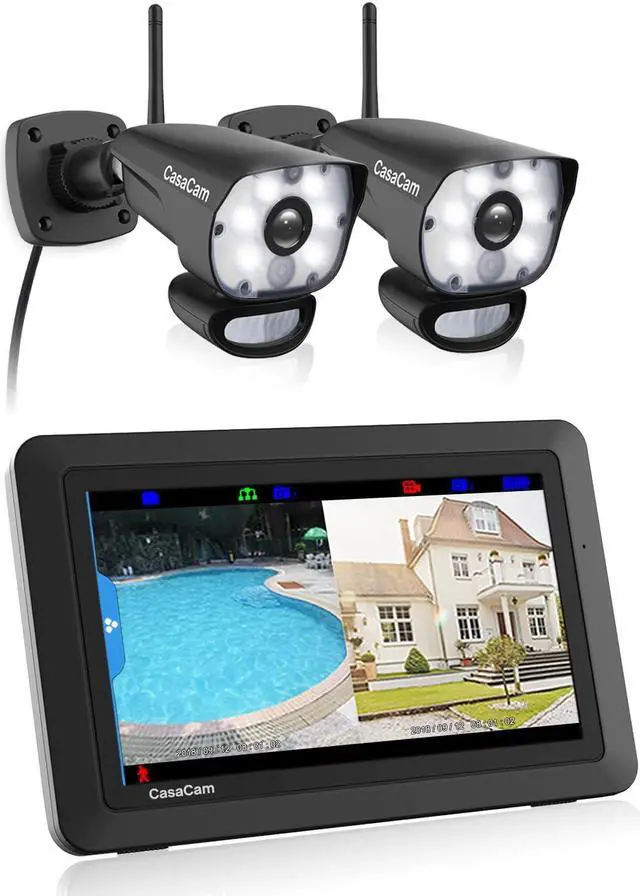 Main image of CasaCam Wireless Security Camera System | 7" Touchscreen Monitor with 2 Spotlight HD Cameras | AC Powered, Two-Way Audio, Free APP, SD Card and Battery Installed, Model VS1002