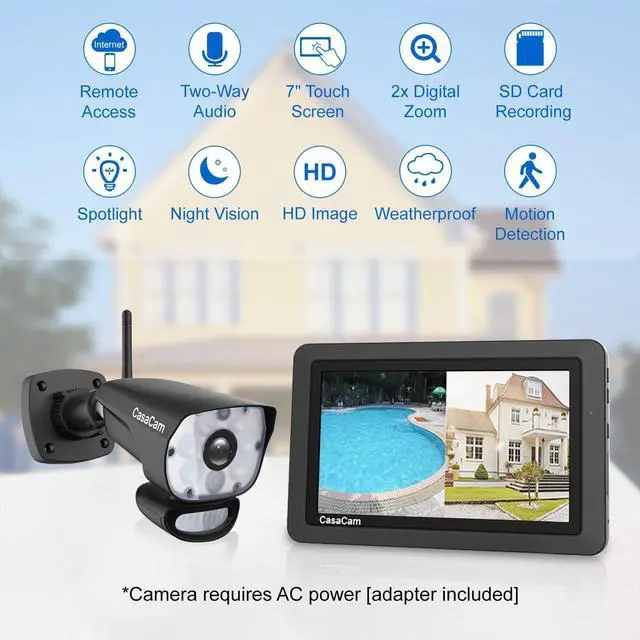 Alt view image 2 of 5 - CasaCam Wireless Security Camera System | 7" Touchscreen Monitor with 2 Spotlight HD Cameras | AC Powered, Two-Way Audio, Free APP, SD Card and Battery Installed, Model VS1002