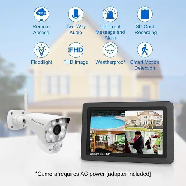 Alt view image 2 of 5 - CasaCam Deluxe Wireless Security Camera System | 2 1080p Floodlight Cameras and one 7" Touchscreen Monitor | AC Powered, Two-Way Audio, Free APP, 32GB SD Card and Battery Installed, Model VS5002