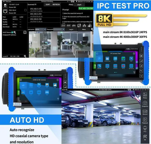 Alt view image 4 of 5 - Rsrteng CCTV Tester,IPC-7600CADHS Plus 8K 32MP IP Camera Tester with Cable Tracer 4K 8MP AHD CVI TVI SDI CVBS Coaxial Camera Tester 7" Touch Screen Monitor Support HDMI VGA TDR WiFi Audio POE RS485