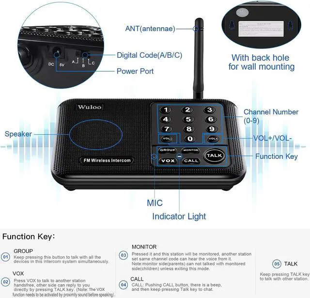 Alt view image 5 of 5 - Wuloo Intercoms Wireless for Home 5280 Feet Range 10 Channel 3 Code, Wireless Intercom System for Home House Business Office, Room to Room Intercom, Home Communication System (6 Packs, Black)