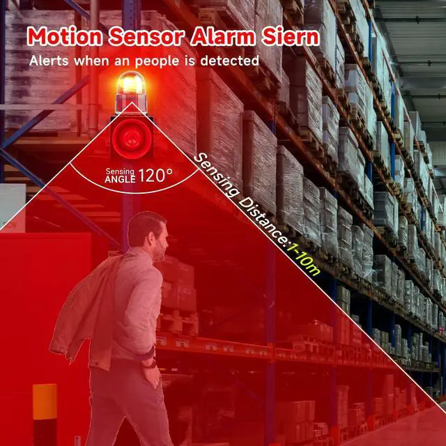 Alt view image 2 of 5 - Y DIANS S Motion Detection Siren Alarm 120dB Loud Horn Motion Sensor with Strobe Light and Remote Control for Factories, Warehouses and Docks, 25 Watts AC110