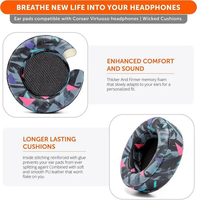 Alt view image 4 of 5 - WC Upgraded Replacement Earpads for Corsair Virtuoso Gaming Headset Made by Wicked Cushions | Improved Durability, Thickness, Softer Leather, and Sound Isolation | 90's Black