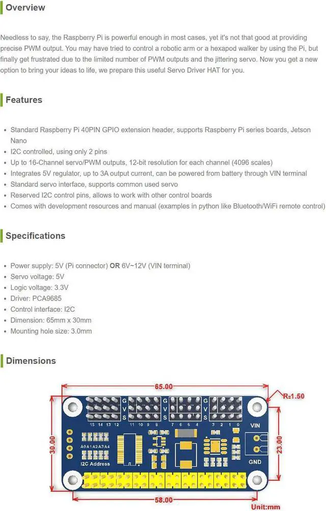Alt view image 3 of 5 - waveshare Servo Driver Hat for Raspberry Pi 3B+ 3B 2B Zero WH Zero W Zero 16 Channel PWM Outputs 12 Bit Resolution I2C Interface