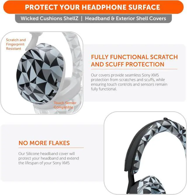 Alt view image 4 of 5 - WC SweatZ and ShellZ Protective Covers Bundle for Sony WH1000XM5 Headphones by Wicked Cushions | Geo Grey