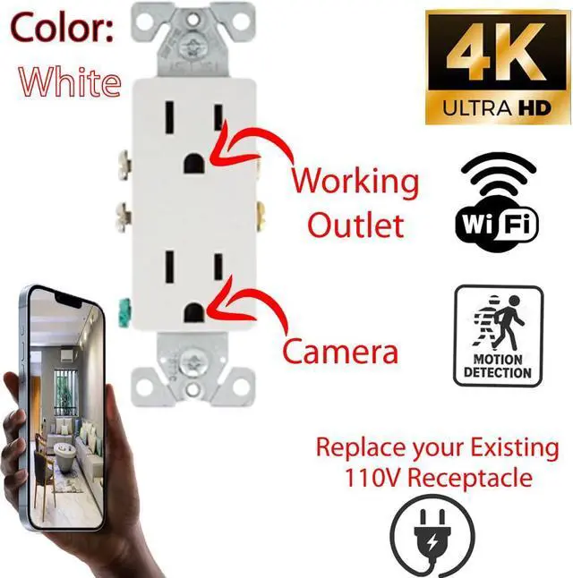 Alt view image 2 of 5 - Jovision USA HD 4K Power Outlet Spy Camera Covert Receptacle AC DC Hidden Camera (White/Square)