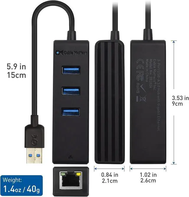 Alt view image 5 of 5 - Cable Matters 4-in-1 USB Hub with Ethernet, Support Gigabit Ethernet (USB 3.0 Hub Ethernet, USB to Ethernet Adapter, Gigabit Ethernet USB Hub, USB Ethernet Hub) with 10/100/1000Mbps Network in Black