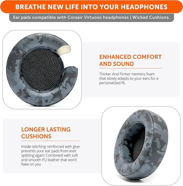 Alt view image 4 of 5 - WC Upgraded Replacement Earpads for Corsair Virtuoso Gaming Headset Made by Wicked Cushions | Improved Durability, Thickness, Softer Leather, and Sound Isolation | Black Camo