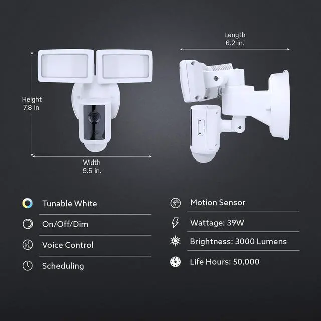 Alt view image 3 of 5 - Feit Electric SEC3000/CAM/WIFI Outdoor LED Smart Security Camera with Motion Sensor, 2-Way Audio, 39-Watt Floodlight, Works with Alexa and Google Asst, Alarm, Hardwired, 128 GB Micro SD Card Storage