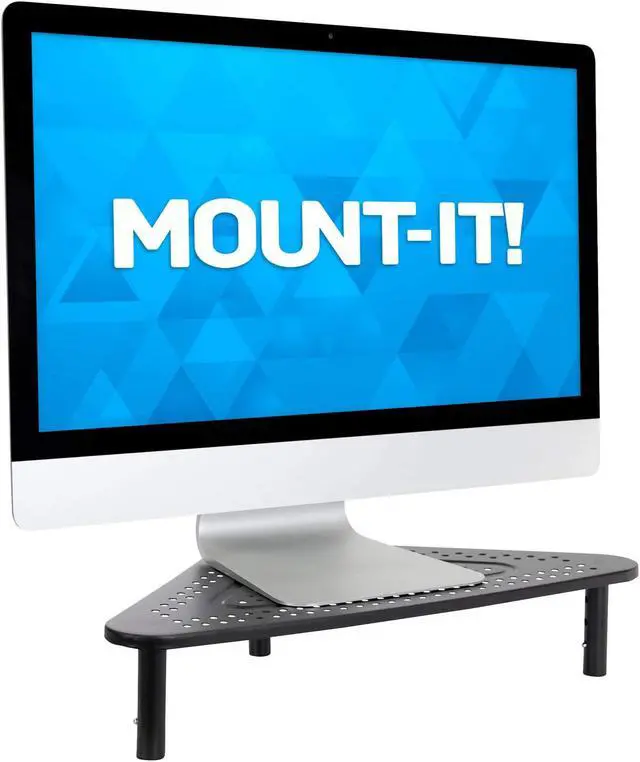 Alt view image 2 of 5 - Corner Monitor Stand | Adjustable Height Corner Desk Shelf | Triangle Screen Riser, Ergonomic Space Saving Design, Ventilated. (Metal, Black)
