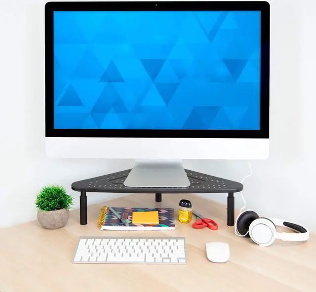 Alt view image 4 of 5 - Corner Monitor Stand | Adjustable Height Corner Desk Shelf | Triangle Screen Riser, Ergonomic Space Saving Design, Ventilated. (Metal, Black)
