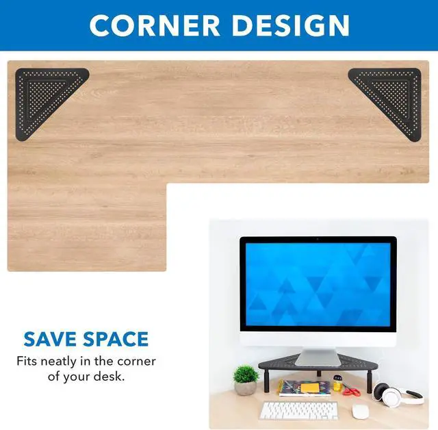Alt view image 5 of 5 - Corner Monitor Stand | Adjustable Height Corner Desk Shelf | Triangle Screen Riser, Ergonomic Space Saving Design, Ventilated. (Metal, Black)