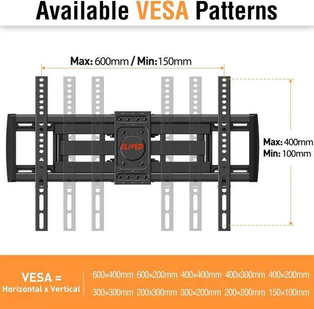 Alt view image 4 of 5 - ELIVED TV Wall Mount for Most 37-75 Inch TVs Max VESA 600x400mm Fits 16", 18", 24" Studs, Plus Universal TV Mounting Hardware Kit Includes Screws, Washers, Spacers and Concrete Anchors