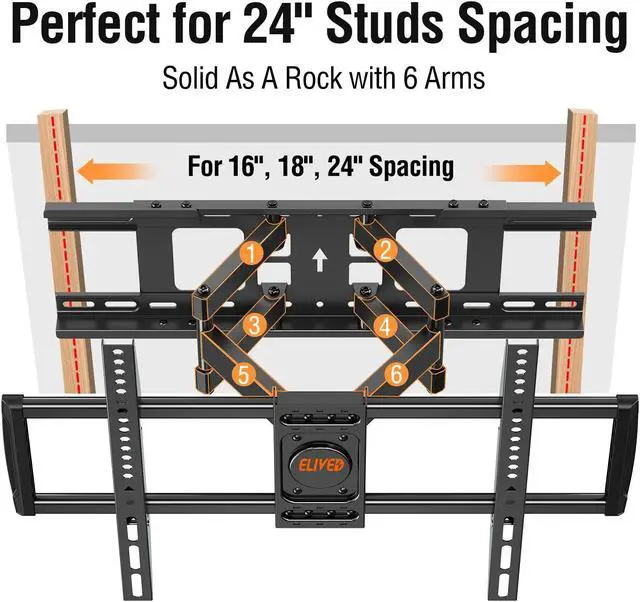 Alt view image 3 of 5 - ELIVED TV Wall Mount for Most 37-75 Inch TVs Max VESA 600x400mm Fits 16", 18", 24" Studs, Plus Universal TV Mounting Hardware Kit Includes Screws, Washers, Spacers and Concrete Anchors