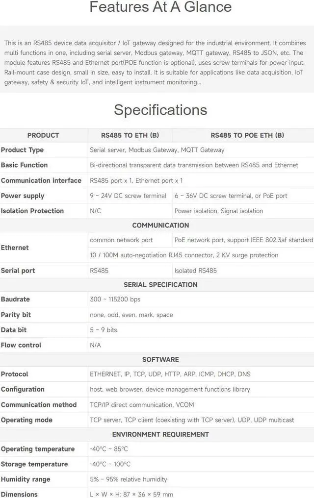 Alt view image 4 of 5 - Waveshare Industrial Serial Server RS485 to RJ45 Ethernet TCP/IP to Serial Rail-Mount Support with PoE Ethernet Port + Electrical Isolation