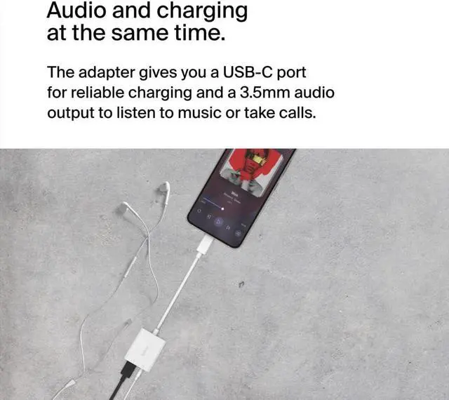 Alt view image 2 of 5 - Belkin Rockstar(tm) 3.5mm Audio with USB-C Charge Adaptor Included, USB-C Audio Adaptor Compatible with iPad Pro, Galaxy, Note, Google Pixel, LG G6, Sony Xperia, OnePlus and More - White