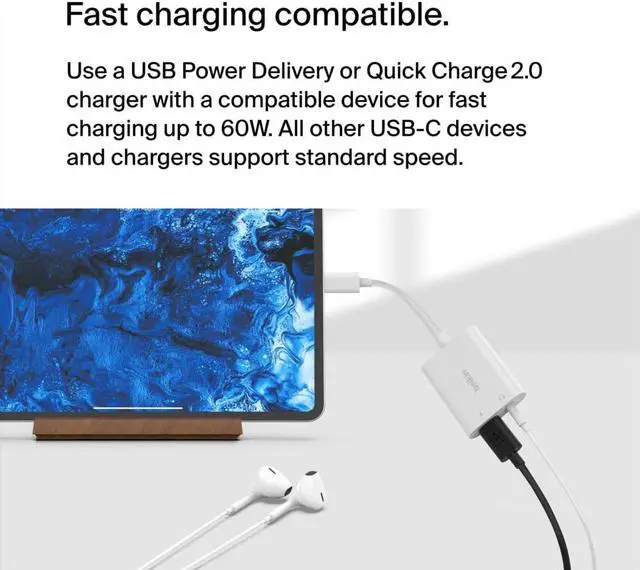 Alt view image 3 of 5 - Belkin Rockstar(tm) 3.5mm Audio with USB-C Charge Adaptor Included, USB-C Audio Adaptor Compatible with iPad Pro, Galaxy, Note, Google Pixel, LG G6, Sony Xperia, OnePlus and More - White