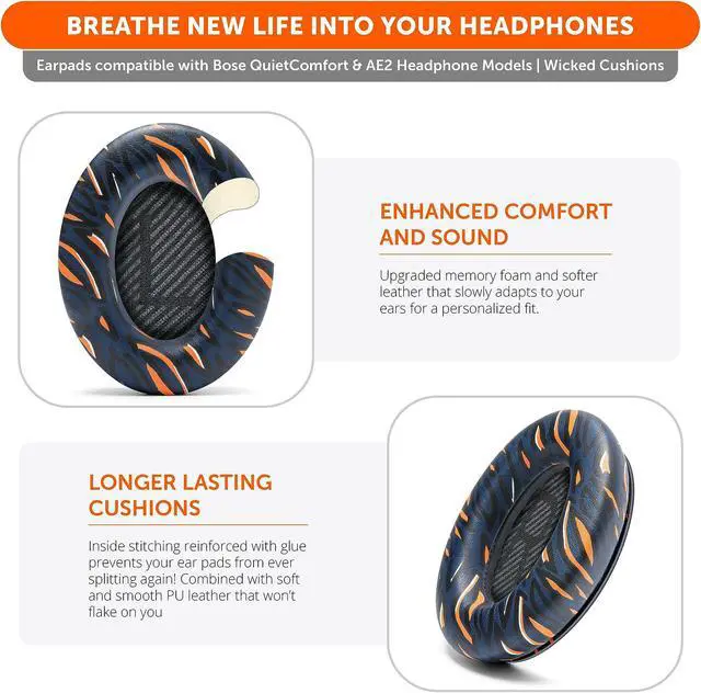 Alt view image 3 of 4 - WC Wicked Cushions Upgraded Replacement Ear Pads for Bose QC35 & QC35ii (QuietComfort 35) Headphones & More - Softer Leather, Luxurious Memory Foam, Added Thickness, Extra Durability | Navy Tiger